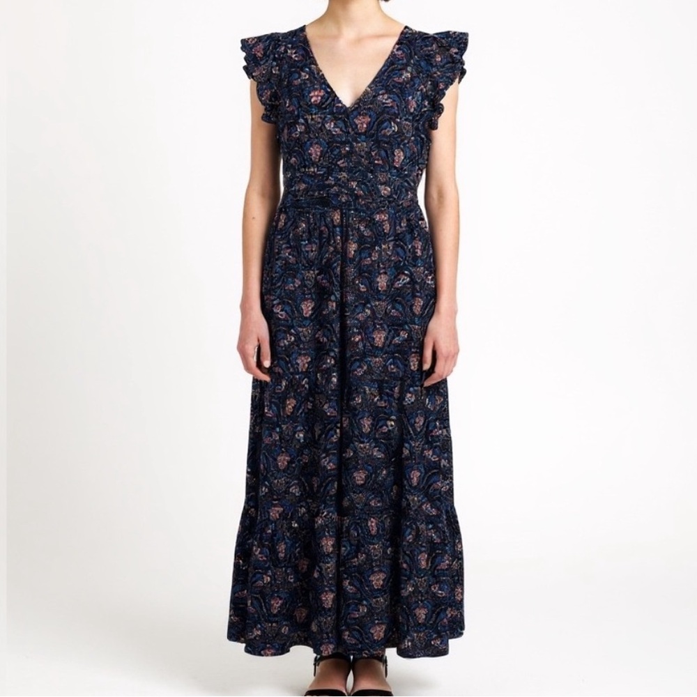 Caroline Constas Navy Pansy Print Smocked Sleeveless Maxi Dress Size XS NWOT - Picture 2 of 10
